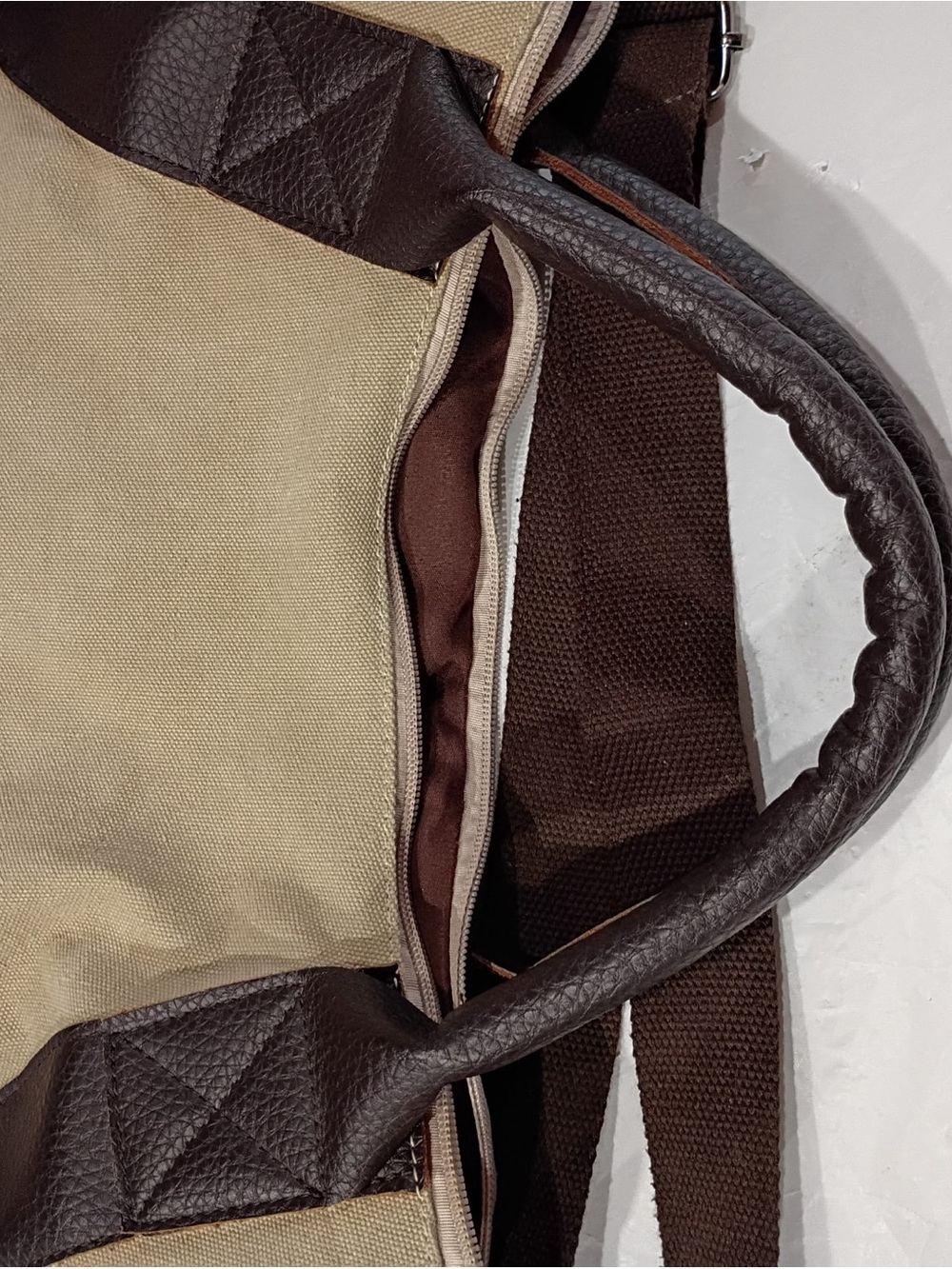 Large Beige Canvas & Brown Faux Leather Hobo Crossbody Bag Boho Tote - Picture 10 of 11